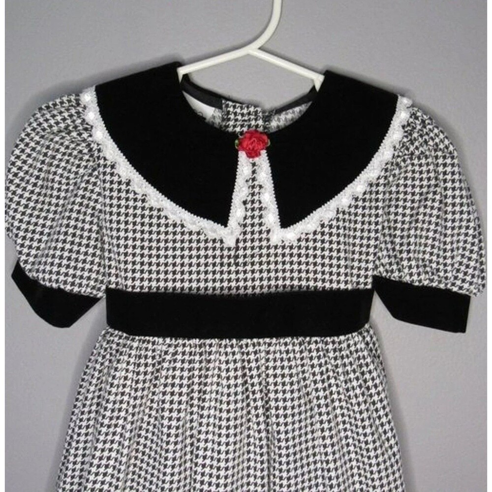 Houndstooth Dress Girls Size 5 Black Velvet Collar Vintage Jo Lene USA 90s Retro